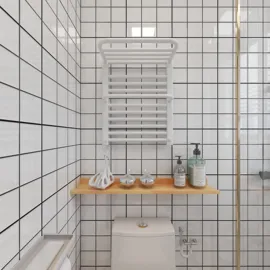 modern bathroom with white tiled walls featuring a towel radiator and wooden shelf with toiletries, designed using Homestyler's real-time 3D rendering feature for interior decor visualization