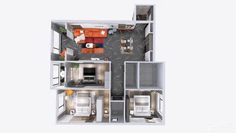 top-down view of a modern interior design layout featuring a living room, dining area, and bedrooms designed for space optimization using Homestyler's automated floor plan generation feature
