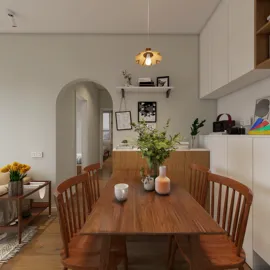 Modern dining area featuring a wooden table and chairs with a minimalist design, showcasing an inviting atmosphere for family gatherings, enhanced by Homestyler's real-time 3D rendering feature.