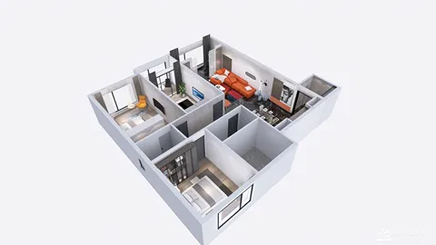 3D apartment layout showcasing open living area and kitchen design, modern style, optimizing small space functionality with Homestyler's real-time 3D rendering feature.