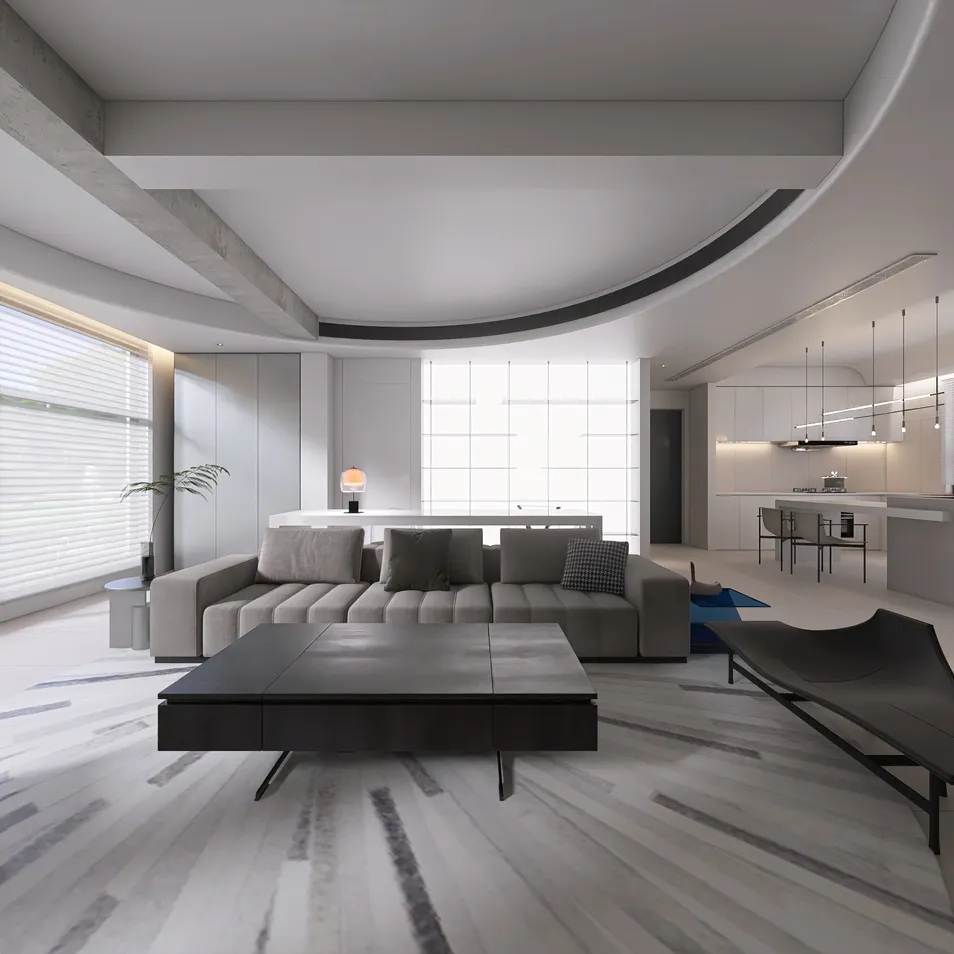 modern living room featuring a spacious layout and minimalist design, showcasing contemporary furniture arrangement and bright lighting, optimized for interior decor using Homestyler's real-time 3D rendering functionality.