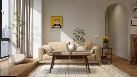 cozy living room featuring a beige sofa arranged for comfort in a modern style, showcasing homestyler's real-time 3D rendering for interior design visualization.