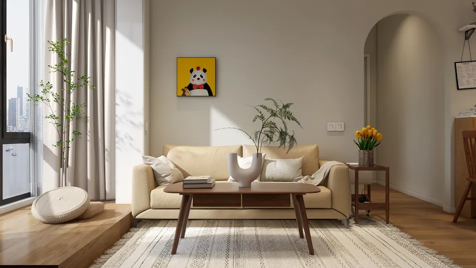cozy living room featuring a beige sofa arranged for comfort in a modern style, showcasing homestyler's real-time 3D rendering for interior design visualization.