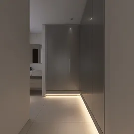 Hallway interior design featuring sleek cabinetry and modern lighting, showcasing a minimalist aesthetic and enhancing space functionality with Homestyler's real-time 3D rendering.