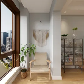 cozy corner with a chair featuring smart furniture arrangement in a modern minimalist style enhancing small space value using Homestyler's real-time 3D rendering function