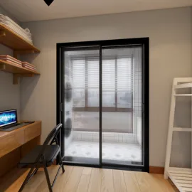 minimalist workspace with wooden desk and shelving organizing linens, featuring a sleek glass sliding door providing natural light, optimized for small space interior design using Homestyler's real-time 3D rendering.
