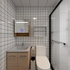 Modern bathroom design featuring a sleek sink and toilet with wood accents, utilizing real-time 3D rendering technology for an immersive interior decor experience.