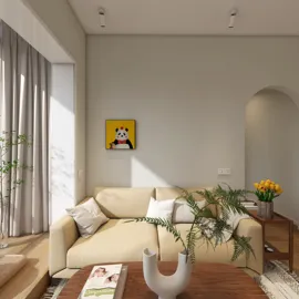 cozy living room with a modern sofa arrangement in a minimalist style, showcasing a relaxed atmosphere, utilizing Homestyler's real-time 3D rendering feature