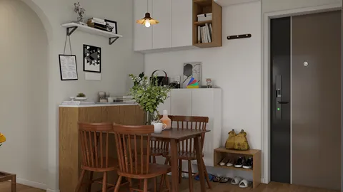 Dining area featuring a wooden table and chairs, designed with a modern minimalist style, showcasing open space functionality; utilizing Homestyler's real-time 3D rendering for effective design visualization.