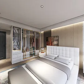 modern bedroom design featuring a sleek bed and stylish wardrobe layout, showcasing a contemporary aesthetic with space optimization, enhanced by Homestyler's real-time 3D rendering functionality.