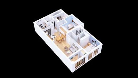 3D floor plan layout visualizing a modern residential space, showcasing interior design optimization with Homestyler's automated floor plan generation feature.