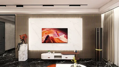 Modern living room with a sleek TV wall design featuring wooden paneling and elegant marble accents, showcasing a contemporary style for interior decor, highlighting Homestyler's real-time 3D rendering capabilities.