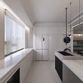 modern kitchen featuring streamlined cabinetry and efficient layout showcasing a minimalistic style; interior design with Homestyler's real-time 3D rendering for quick visual previews