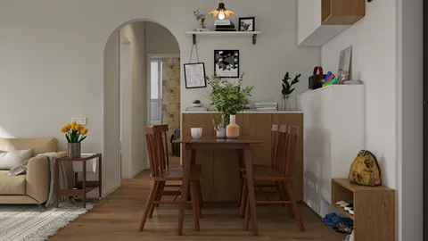 modern dining area with wooden table and chairs arranged, featuring a cozy and warm interior design, perfect for enhancing small space utilization with Homestyler's intelligent furniture layout feature.