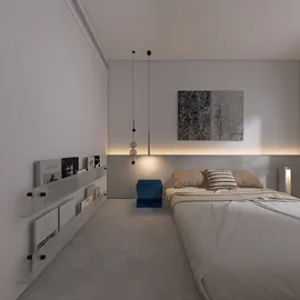 Modern minimalist bedroom design featuring a stylish bed arrangement with soft lighting, showcasing interior decor ideas for a tranquil sleeping space; utilizes Homestyler's real-time 3D rendering for instant visual feedback.
