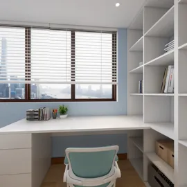 modern office desk design with comfortable chair in a bright workspace featuring a bookshelf, created using Homestyler's real-time 3D rendering feature for a professional interior decor presentation.