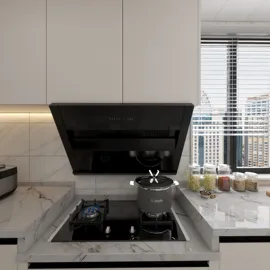 Modern kitchen with a sleek design featuring a gas stove and black range hood, focusing on optimal space usage and efficiency, showcasing Homestyler's real-time 3D rendering capabilities.