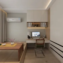 A modern home office setup featuring a stylish desk with a computer, minimalistic storage cabinets, and an inviting atmosphere, designed using Homestyler's real-time 3D rendering for interior space optimization.