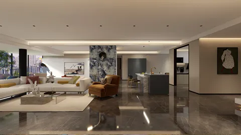 spacious living room with modern furniture arrangement showcasing an elegant style, featuring a warm color palette, utilizing Homestyler's real-time 3D rendering function