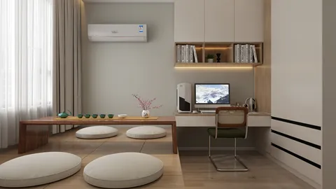 modern home office with wooden desk and soft seating creating a cozy workspace atmosphere utilizing smart furniture arrangement for optimal space in interior design, featuring Homestyler's real-time 3D rendering functionality.