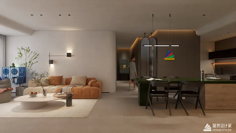 Contemporary living room featuring a cozy sofa arrangement with a statement coffee table, designed using Homestyler's real-time 3D rendering for a modern and inviting atmosphere.