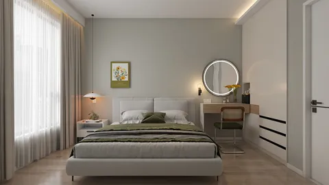 modern bedroom with elegant furniture arrangement showcasing a neutral color palette and minimalist style, emphasizing interior decor optimization using Homestyler's real-time 3D rendering feature.