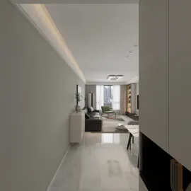 Modern entrance hallway featuring contemporary decor and furniture arrangement, showcasing a sleek design style that enhances the spatial flow of the living area, utilizing Homestyler's real-time 3D rendering feature for fast design proposals.