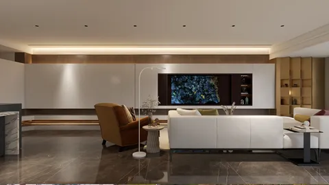 Modern living room showcasing a spacious layout with a comfortable sofa arrangement, featuring sleek contemporary decor and elegant lighting design, optimized for interior decor visualization using Homestyler's real-time 3D rendering feature.