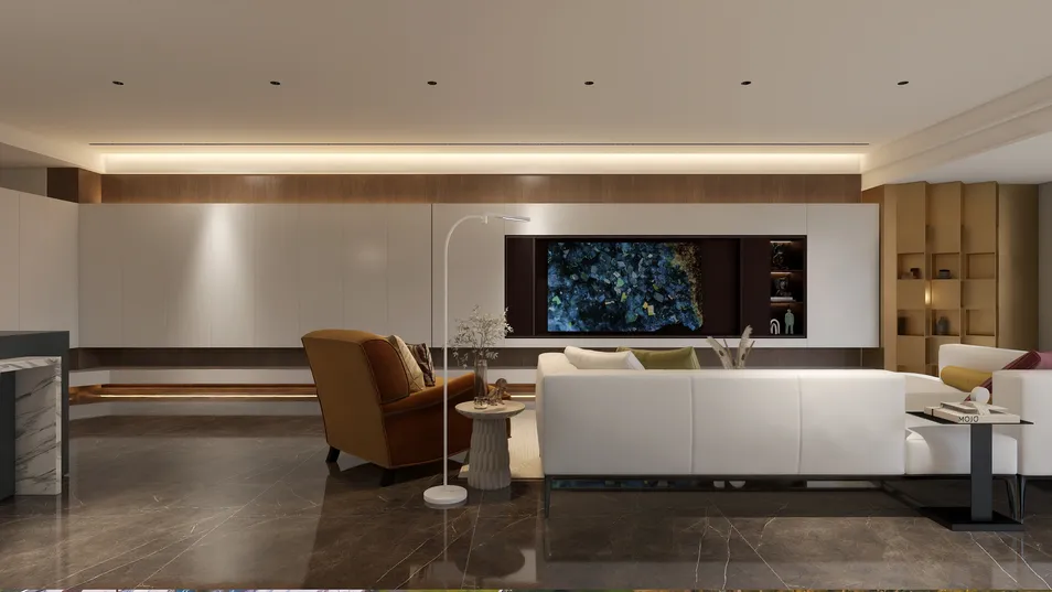 Modern living room showcasing a spacious layout with a comfortable sofa arrangement, featuring sleek contemporary decor and elegant lighting design, optimized for interior decor visualization using Homestyler's real-time 3D rendering feature.