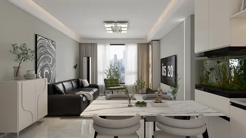 modern living room design showcasing furniture arrangement in an urban space, featuring efficient use of smart furniture layout for small apartments, utilizing Homestyler's real-time 3D rendering feature.