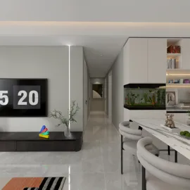 Modern hallway interior design showcasing a cozy and spacious atmosphere with smart furniture arrangement, using Homestyler's real-time 3D rendering feature.