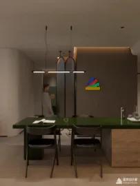 Modern dining area featuring a sleek green table and contemporary lighting design, showcasing interior decor styling, with Homestyler's real-time 3D rendering for effective design proposal presentation.