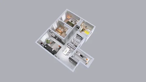 3D floor plan view showing a modern interior layout with furniture arrangement in an open concept living space, highlighting space optimization features; utilizing Homestyler's automated floor plan generation for accurate representation.