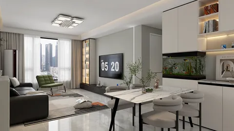 modern living room design featuring an open layout, showcasing smart furniture arrangement and an elegant aesthetic, ideal for contemporary home decor with Homestyler's real-time 3D rendering feature.