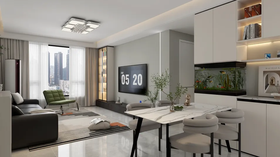 modern living room design featuring an open layout, showcasing smart furniture arrangement and an elegant aesthetic, ideal for contemporary home decor with Homestyler's real-time 3D rendering feature.