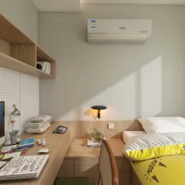 modern desk setup with a bed in a cozy bedroom, showcasing interior design with smart furniture arrangement using Homestyler's real-time 3D rendering feature.