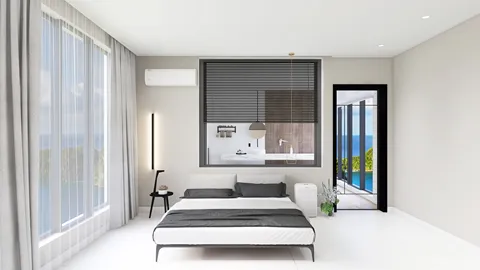 Modern bedroom featuring a minimalist design with white bedding and large windows, showcasing a seamless indoor-outdoor flow; ideal for showcasing interior decor ideas using Homestyler's real-time 3D rendering feature.