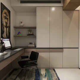 modern home office design optimizing small space with sleek cabinetry and stylish chair using Homestyler's real-time 3D rendering feature