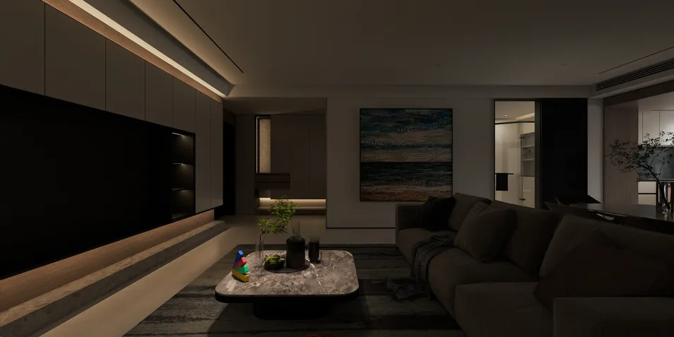 modern living room design showcasing a cozy sofa arrangement, accented with ambient lighting for a relaxing atmosphere, enhancing the space's value with Homestyler's real-time 3D rendering feature.
