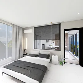 modern bedroom design featuring a minimalist aesthetic and a cozy layout, showcasing smart furniture arrangement with Homestyler's 3D rendering capabilities.