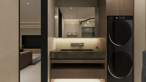 modern bathroom design featuring sleek cabinetry and a laundry area with stylish appliances, showcasing a minimalist aesthetic and optimizing small spaces using Homestyler's real-time 3D rendering feature.