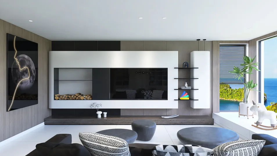 Modern living room with sleek furnishings featuring a TV unit design, minimalistic style, enhancing relaxation space, showcasing Homestyler's real-time 3D rendering feature.