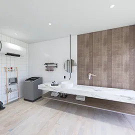 modern bathroom design featuring a sleek floating sink and wooden accent wall, showcasing interior decor trends, utilizing Homestyler's real-time 3D rendering function.