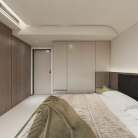 modern bedroom featuring a cozy bed with a soft blanket, designed using Homestyler's real-time 3D rendering for a spacious and minimalist aesthetic.