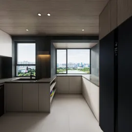 modern kitchen design featuring sleek cabinetry and large windows showcasing a cityscape view, utilizing Homestyler's real-time 3D rendering for a precise renovation preview