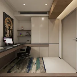 modern home office with desk and chair featuring smart furniture layout, minimalist style, optimized for small spaces using Homestyler's 3D rendering capabilities