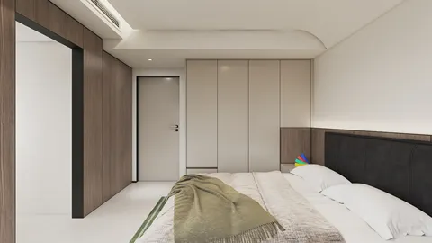modern bedroom design featuring a cozy bed and sleek cabinetry in a minimalist style, optimizing small spaces with smart furniture arrangement using Homestyler's real-time 3D rendering.