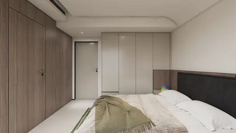Modern bedroom design showcasing a minimalist style with sleek wood paneling and a comfortable bed arrangement, featuring an interior decor theme for small spaces, utilizing Homestyler's real-time 3D rendering feature.