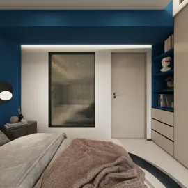 modern bedroom design showcasing a cozy atmosphere with blue accent walls and soft furnishings, utilizing Homestyler's real-time 3D rendering for an accurate preview of the space.