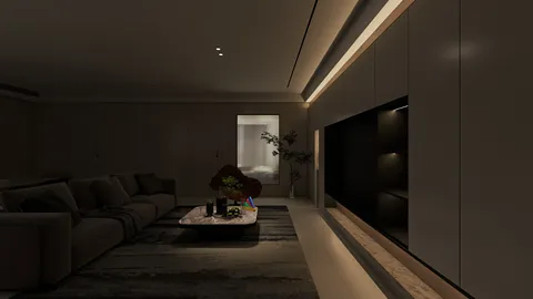 modern living room design showcasing a sleek couch arrangement in a minimalist style, optimized for space efficiency using Homestyler's real-time 3D rendering feature.